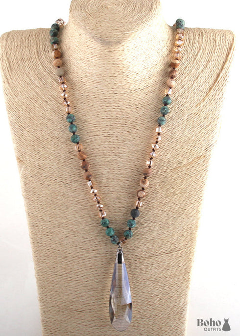 Boho Necklace, RH Antique Drop Crystal Lava Stone